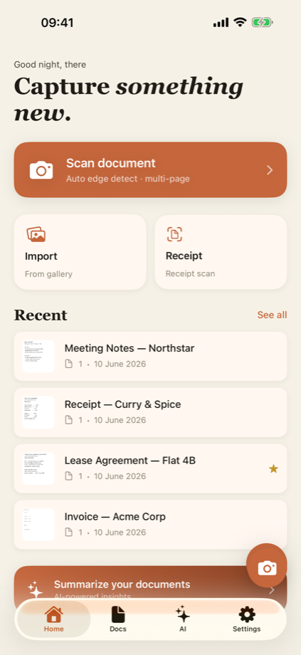 DocLens app on iPhone — Home screen with scan, import, and recent documents