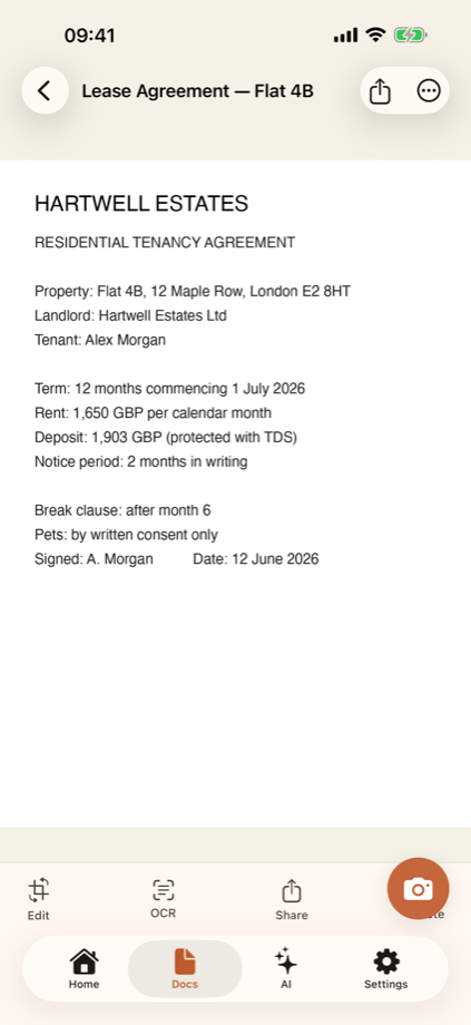 DocLens scanned lease agreement with OCR text on iPhone